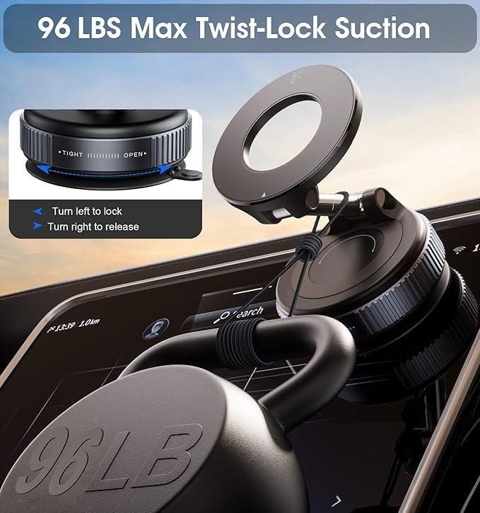 96 LBS Max Twist-Lock Suction cup with close-up details on a car window background