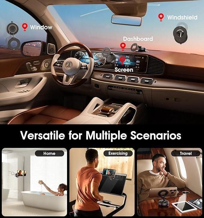 Car interior with a screen displaying different scenarios like home, exercising, and travel.