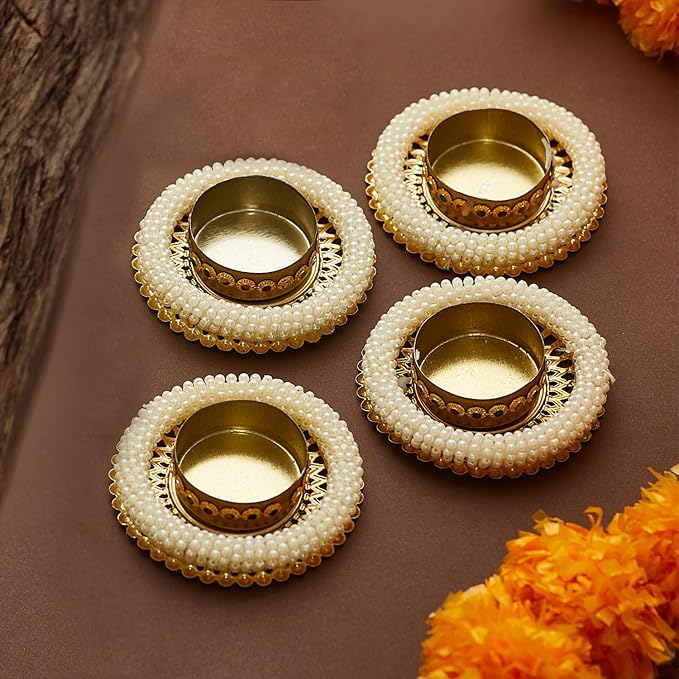 Tied Ribbons 4 Pcs Handmade Tealight Candle Holder for Pooja and Home Decoration | Mandir, Temple | Diwali Decorations, Gifts | Indian Decorations