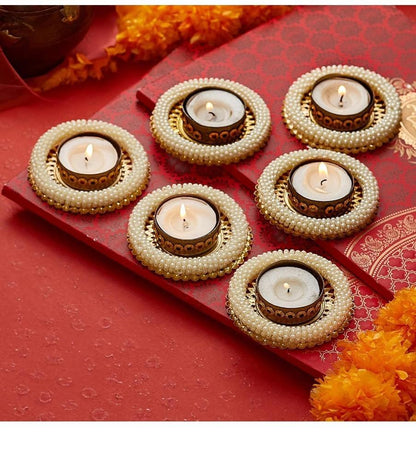 Tied Ribbons 4 Pcs Handmade Tealight Candle Holder for Pooja and Home Decoration | Mandir, Temple | Diwali Decorations, Gifts | Indian Decorations